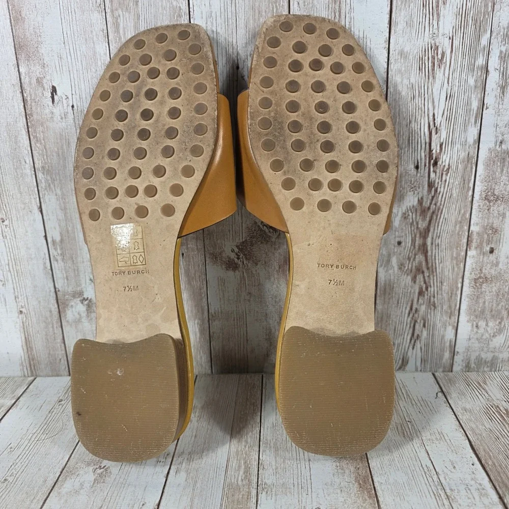 Tory Burch Miller 35mm Tan Leather Block Heel Slide Sandals 7.5M Square Toe